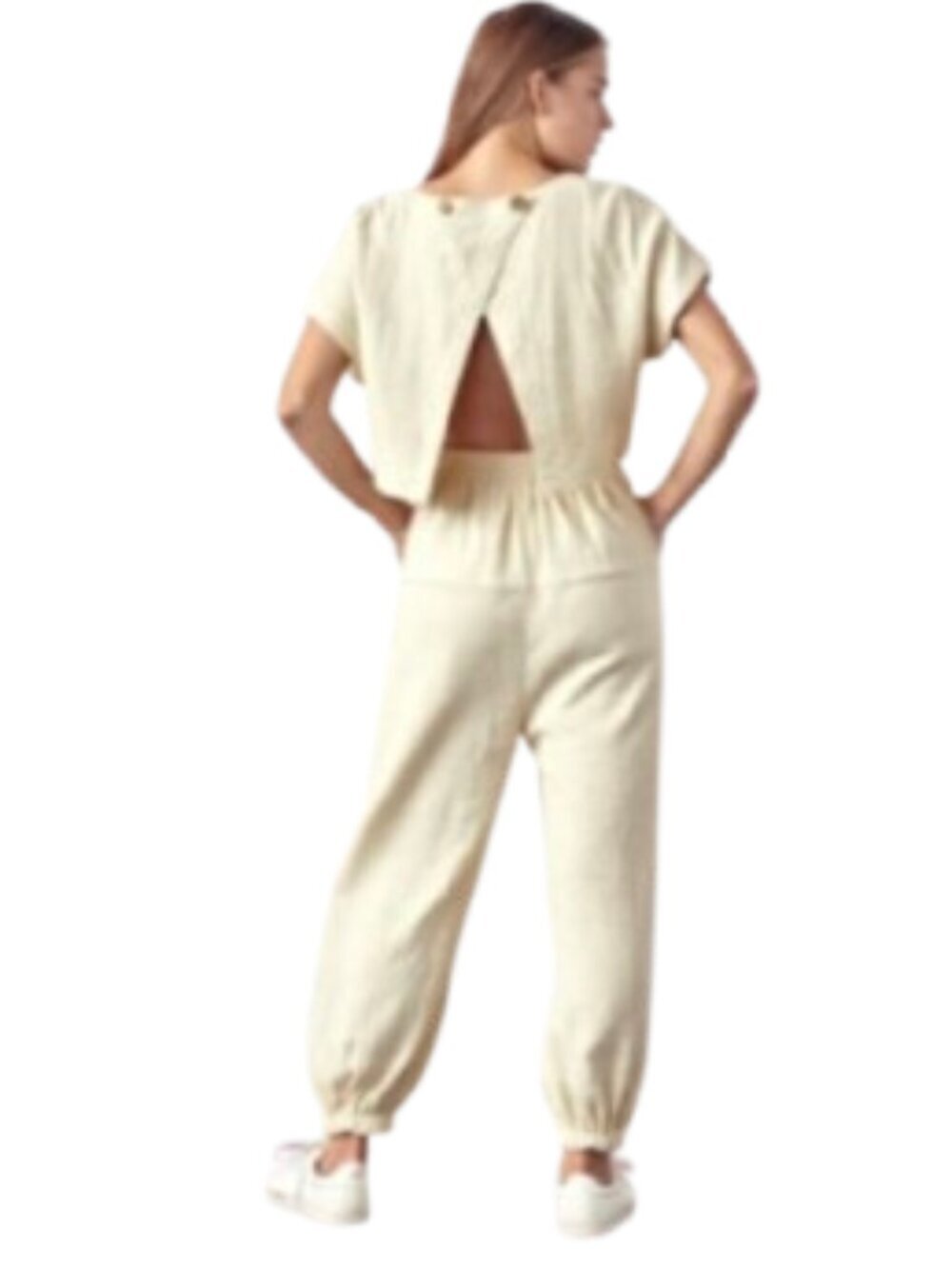 &Merci Tan Brushed Cotton Balloon Leg Open Back Jumpsuit Size Medium NWOT